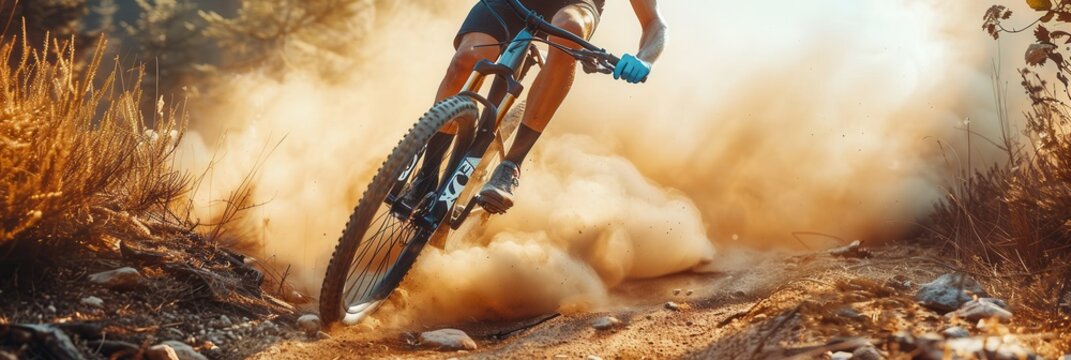 A professional cyclist rides a mountain bike down a dusty trail in the afternoon. Generative AI