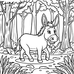 Donkey Coloring pages for kids, Little cute donkey stands and smiles. Coloring book, a little donkey is walking on a forest, around flowers, a forest, fields.