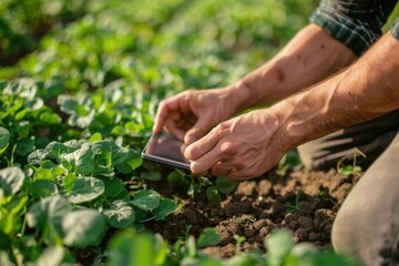 Farmer analyzing crops growing in soil and using digital tablet while working in agricultural field