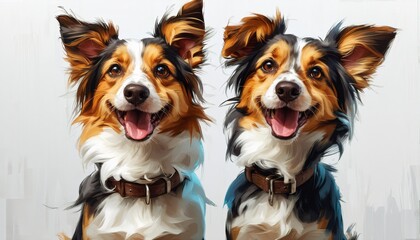 Fototapeta premium 3D clipart of a cheerful dog, bright and clean setting, white background, dog with wagging tail, floppy ears, tongue out, detailed fur, expressive eyes, playful pose