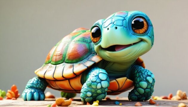 3D clipart of a cheerful turtle, bright and clean setting, white background, turtle with friendly face, colorful shell pattern, slow-moving, pastel green and blue