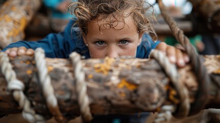 A determined child in adventure gear intensely focuses on climbing a rugged obstacle course, showcasing youthful bravery, concentration, and the thrill of physical challenges.