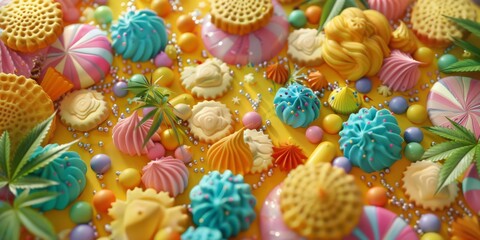 A vibrant assortment of colorful confectionery sweets, pastries, and candy perfect for dessert enthusiasts.