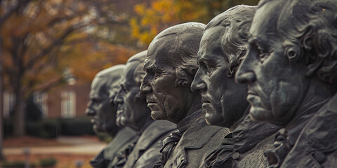 Sentinels of the Constitution: A row of statues of Founding Fathers, their stern faces overlooking a quiet town square