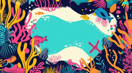 Obraz premium An illustrator design of an ocean pattern, vibrant tropical colors, with free space for text in the center, near a solid color background