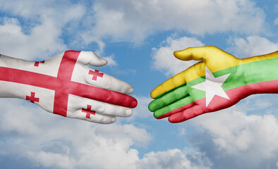 Myanmar aka Burma and Georgia country handshaking with flags, consensus concept international co-operation illustration