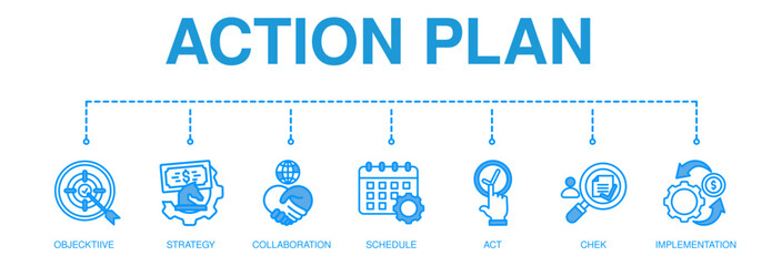 Fototapeta premium Action plan banner web icon for business and marketing. objective, strategy, Collaboration, Schedule, Plan and implementation
