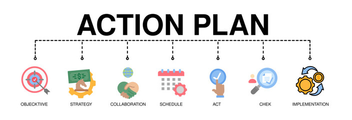 Fototapeta premium Action plan banner web icon for business and marketing. objective, strategy, Collaboration, Schedule, Plan and implementation