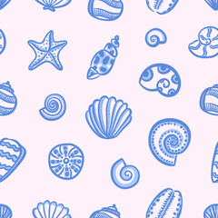 Seamless vector pattern of blue small abstract seashells in hand drawn style. Perfect for summer-themed beach designs and coastal decorations. Ideal for wallpaper, textile, poster, notebook cover.