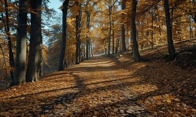 Fototapeta premium Scenic autumn hike through a forest with golden leaves, 5th October
