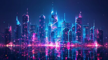 cityscape with space and neon light effect. Modern hi-tech, science, futuristic technology concept. Abstract digital high tech city design for banner background