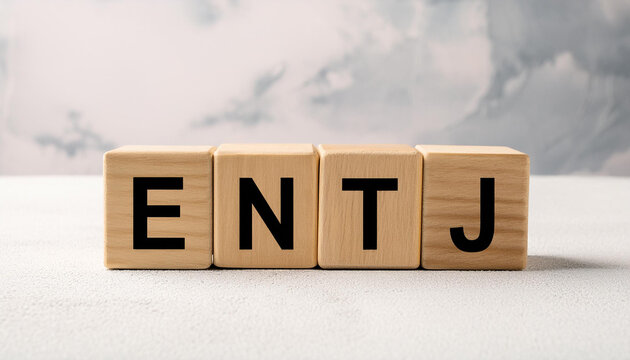 Wooden cubes with text ENTJ. Extraverted, Intuitive, Thinking, Judging. Personality type. Close-up.