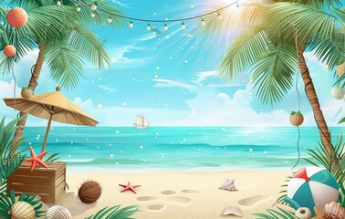 Obraz premium Beautiful tropical beach, palm trees, summer concept background illustration