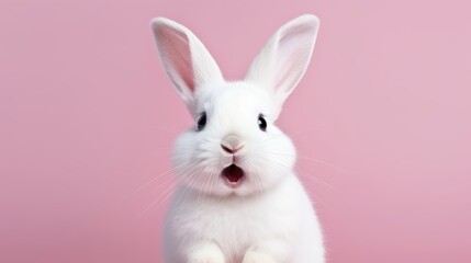 Obraz premium cute animal pet rabbit or bunny white color smiling and laughing isolated with copy space for easter background, rabbit, animal, pet, cute, fur, ear, mammal, background, celebration, generate by AI