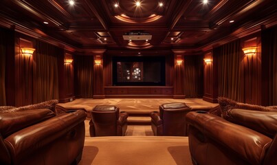 Sleek home theater with plush seating and advanced audio-visual setup