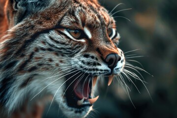 Fototapeta premium Eurasian lynx baring its teeth showing sharp canine teeth
