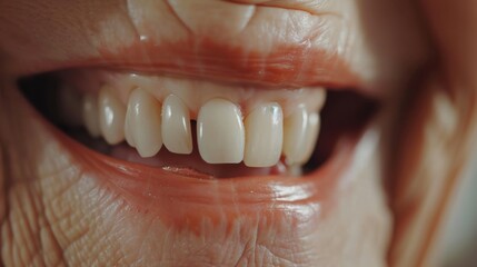 Obraz premium Dental Care. close up mouth senior or adult, Healthy Smile Elderly show beautiful of teeth, confident in orthodontics, advertising, white teeth, online plating, dentures, dental implants,.