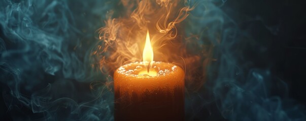 Smoke from a burning candle rises, illuminated from within by a flickering flame
