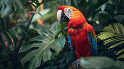 Obraz premium Parrot with vivid plumage surrounded by dense jungle leaves, tropical wildlife