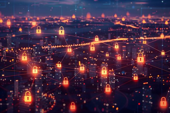 Cyber Security Network Over Cityscape