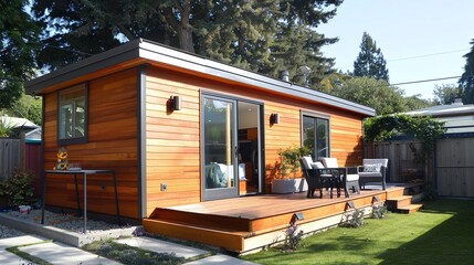 Fototapeta premium ADU also known as tiny house or inlaw cottage information. Concept Accessory Dwelling Unit, Building Regulations, Renting Guidelines, Benefits, Design Trends
