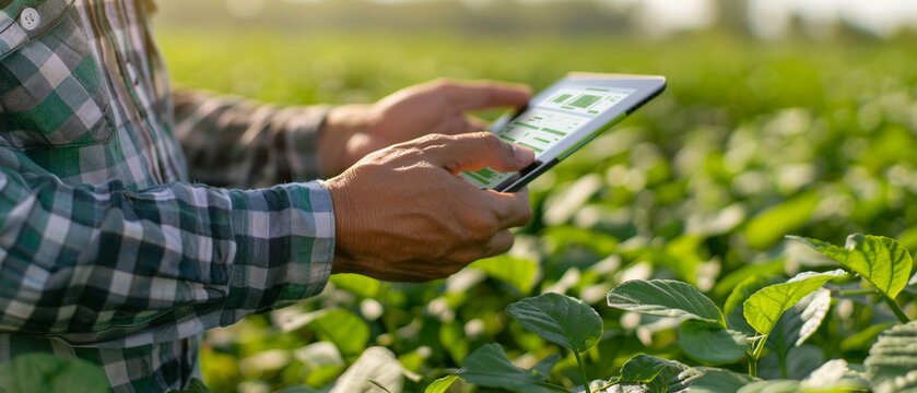 Close-up of a farmers hands holding a tablet in a smart farming setup