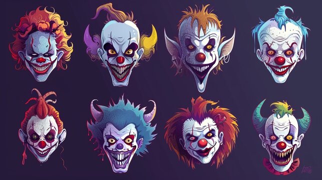 Cartoon horror clown character face set. Halloween scary circus monsters with evil smile clowns vector illustration