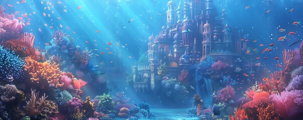 An underwater palace of coral and pearl, inhabited by merfolk and guarded by schools of colorful fish.