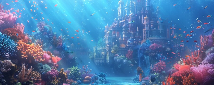 An underwater palace of coral and pearl, inhabited by merfolk and guarded by schools of colorful fish.