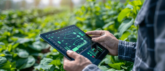 Close-up view of a tablet displaying agricultural analytics