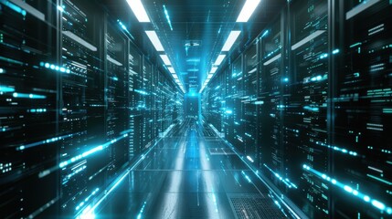 Obraz premium Shot of Corridor in Working Data Center Full of Rack Servers and Supercomputers with Internet connection Visualization Projection, technology, digital, futuristic, future,