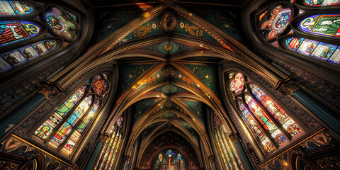 Obraz premium Vaulted Vigil: An old church's arched ceiling, illuminated by stained-glass windows, and adorned with intricate religious iconography.