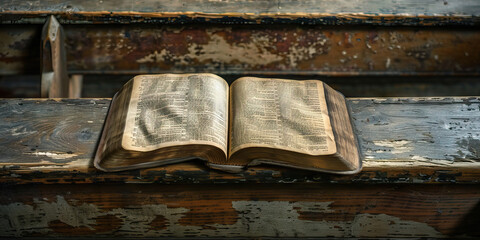 Obraz premium Sacred Scroll Unfolding: A well-worn Bible, resting on a wooden pew, its pages gently turning in the breeze