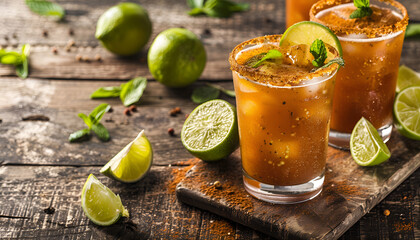 Fototapeta premium Michelada - Mexican alcoholic cocktail with beer, lime juice, tomato juice, spicy sauce and spices, vintage wooden background