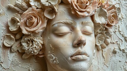 Floating girl, artistic masterpiece, bas-relief, flowers, estetics