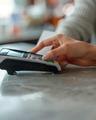 Fototapeta premium The contactless payment using a card, close-up, clean and bright setting, terminal in focus, hands visible