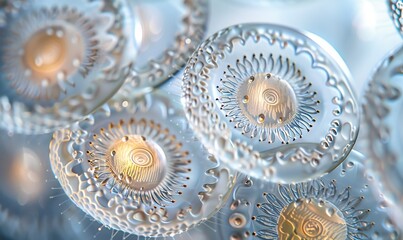 Close-up of diatom algae frustules, capturing intricate silica shells and marine biodiversity