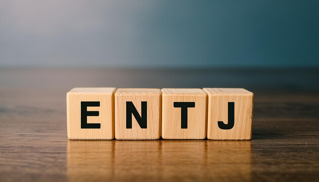 Wooden cubes with text ENTJ. Extraverted, Intuitive, Thinking, Judging. Personality type. Close-up.