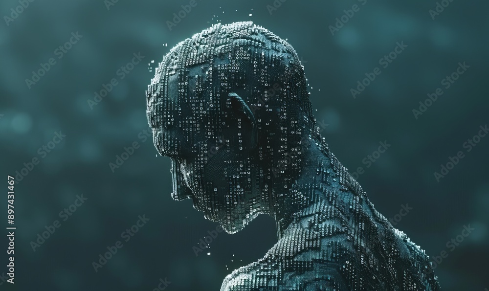 Poster conceptual digital sculpture depicting a human figure composed of binary code, symbolizing the integ