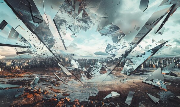 Conceptual artwork of fractured reality, digital manipulation blurs boundaries of perception