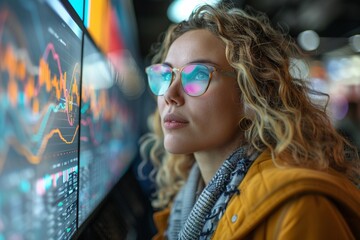 Diverse team examining vibrant charts on a large screen open office space realistic natural light high detail