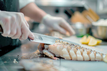 Obraz premium Close-Up of Chef Preparing Pufferfish in Professional Kitchen, Focused on Meticulous Cutting Process with Detailed Textures