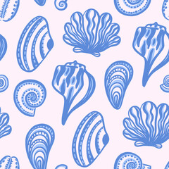 Seamless vector pattern of blue abstract seashells in hand drawn style. Perfect for summer-themed beach designs and coastal decorations. Ideal for wallpaper, textile, poster, notebook cover.