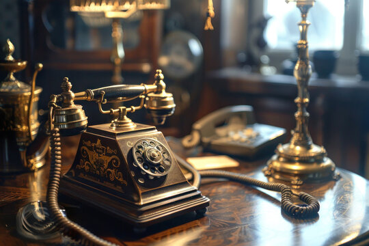 Detailed Shot of Making First Call, Early Telephone Model with Soft Natural Lighting and Historical Ambiance