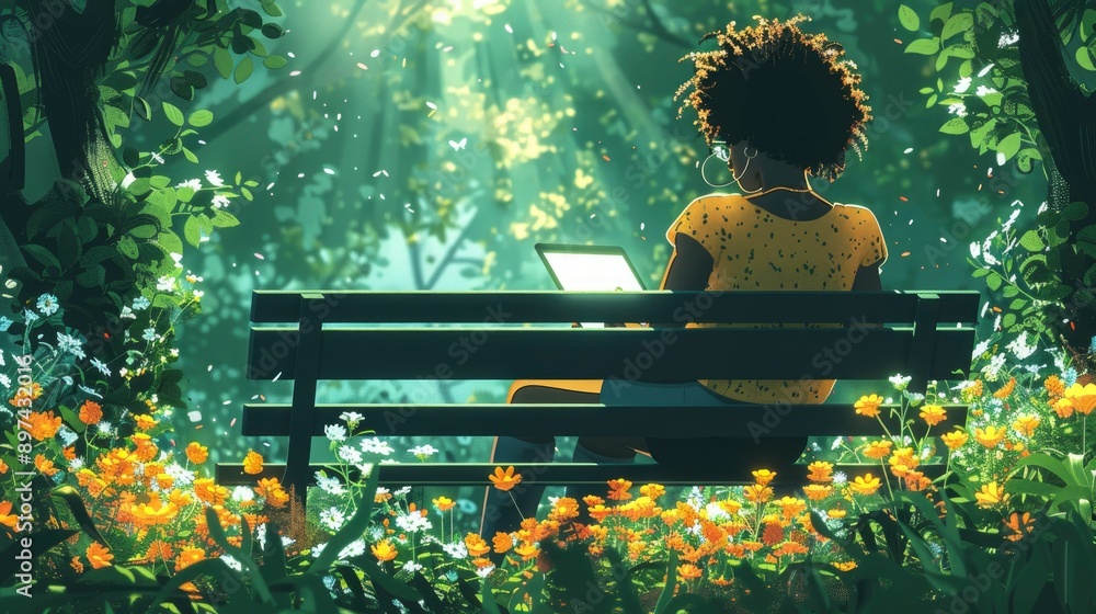 Wall mural A remote worker brainstorming ideas on a tablet while seated on a bench in a serene park, with blooming flowers and lush greenery.