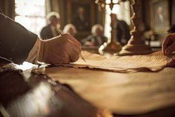 Detailed Shot of Signing Declaration of Independence, Founding Fathers Around Table in Historical Ambiance with Soft Natural Lighting