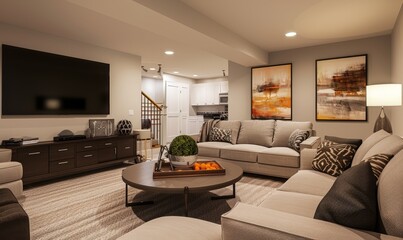 Cozy basement living area with comfortable seating and entertainment options