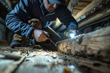 High-Quality Photo of Pest Control Worker Inspecting Termite-Infested Wooden Beam with Flashlight in Dramatic Lighting, Blurred Basement Background