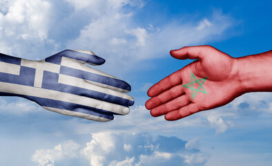 Morocco and Greece country handshaking with flags, consensus concept international co-operation illustration