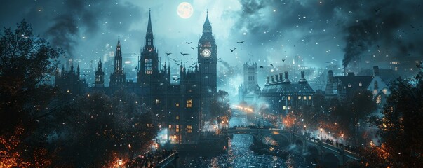 Fototapeta premium Clock tower striking midnight in a gothic city.